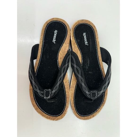 Speedo Womens Sandals Size 7 Black Flip Flops Thong Slip On Cork - Picture 1 of 10